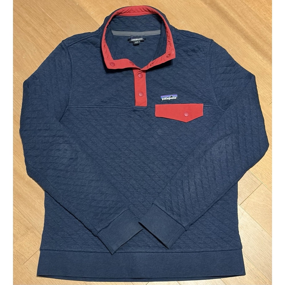 Patagonia Mens Organic Cotton Quilt Snap-T Pullover Navy Blue Red Medium